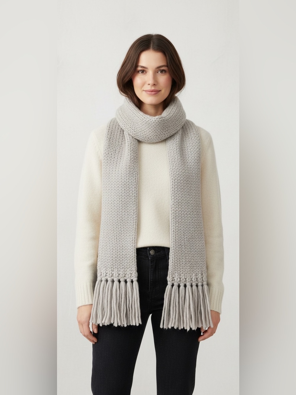 NWT Lemon  Brand Cream Chunky Knit Fringe Scarf. Greige in colour. Very soft 😊